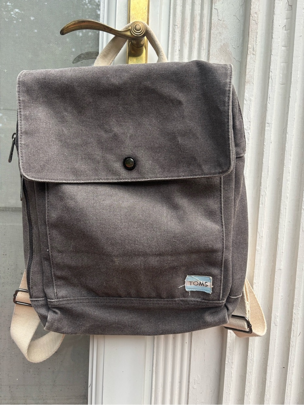 TOMS Canvas Backpack Gray Laptop Travel Casual Flap Snap Closure Unisex - Picture 10 of 11